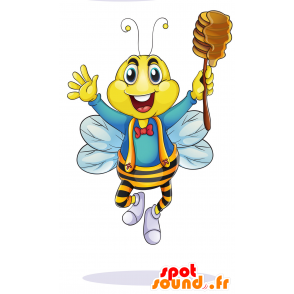 Mascot abeja amarilla, azul y negro con un mono - MASFR029791 - Mascotte 2D / 3D