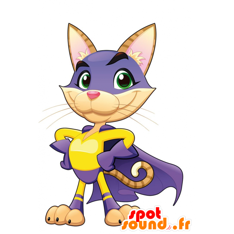 Braune Katze Maskottchen Outfit mit einem Superhelden - MASFR029822 - 2D / 3D Maskottchen
