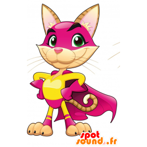 Mascotte de chat en tenue de super-héros rose et jaune - MASFR029824 - Mascottes 2D/3D