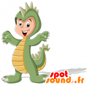 Barnmaskot förklädd till en grön och gul dinosaurie - Spotsound