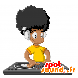 DJ-pojkemaskot, garvad, med krusigt hår - Spotsound maskot