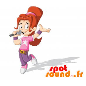 Mascotte de fille rousse, habillée d'une tenue rose et mauve - MASFR029958 - Mascottes 2D/3D