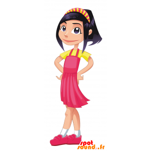 Mascotte de femme brune, habillée en rose et jaune - MASFR029960 - Mascottes 2D/3D