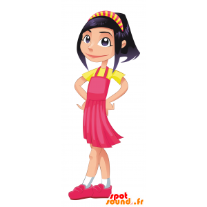 Mascot brunette gekleed in roze en geel - MASFR029960 - 2D / 3D Mascottes