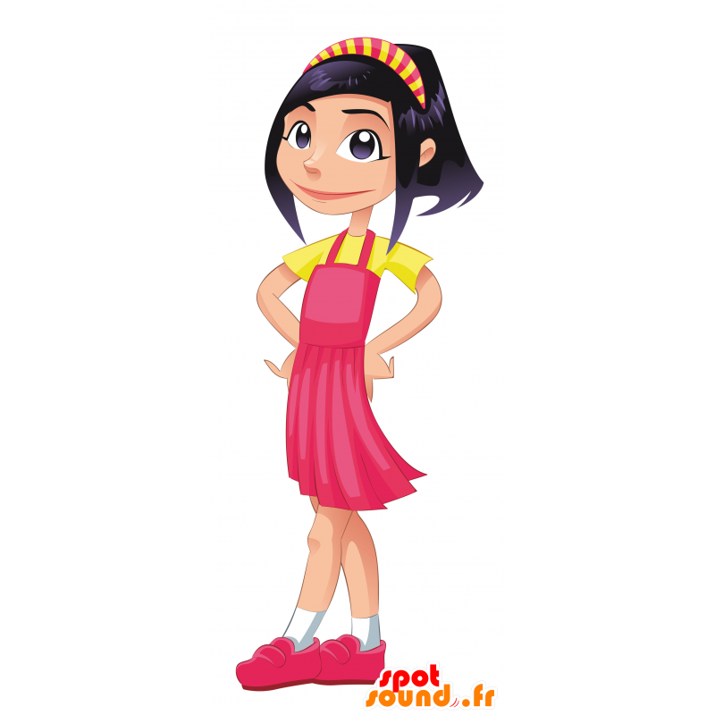 Mascotte de femme brune, habillée en rose et jaune - MASFR029960 - Mascottes 2D/3D