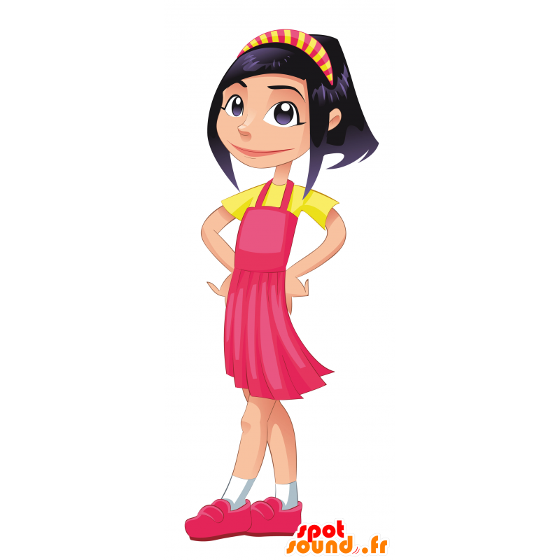 Mascotte donna bruna vestita di rosa e giallo - MASFR029960 - Mascotte 2D / 3D