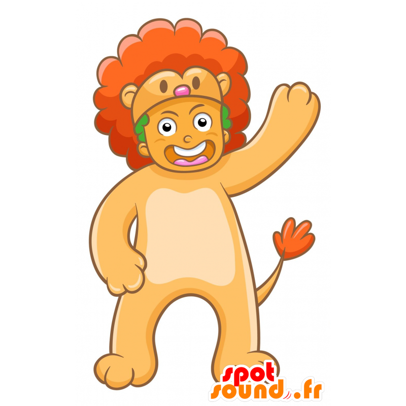Dziecko maskotka ubrana w żółty i pomarańczowy lew - MASFR029981 - 2D / 3D Maskotki