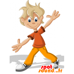 Mascotte de garçon blond, habillée en orange et jaune - MASFR030007 - Mascottes 2D/3D