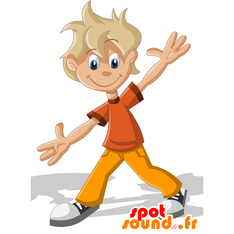 Mascotte de garçon blond, habillée en orange et jaune - MASFR030007 - Mascottes 2D/3D