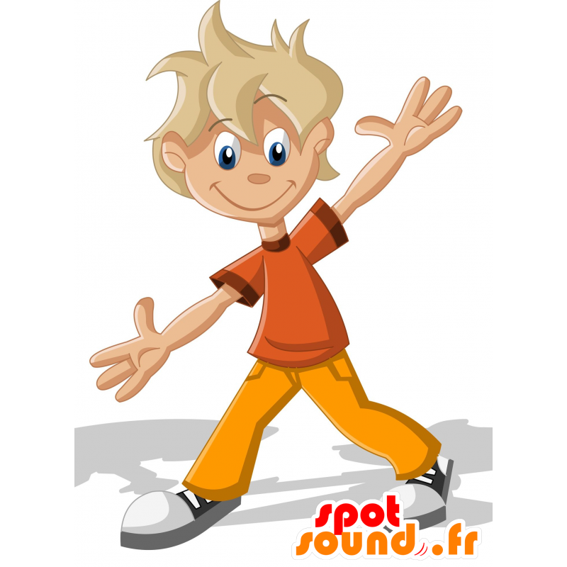 Blonde jongen mascotte, gekleed in oranje en geel - MASFR030007 - 2D / 3D Mascottes