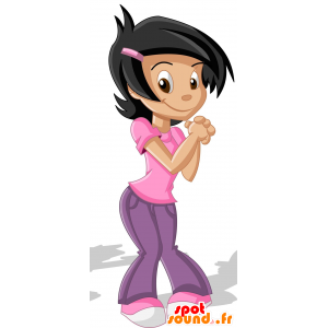 Brun pige maskot klædt i lyserød - Spotsound maskot kostume
