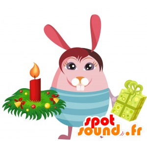 Mascotte de gros lapin rose avec une tenue bleue - MASFR030058 - Mascottes 2D/3D