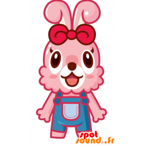 Mascotte de lapin rose avec une salopette bleue - MASFR030080 - Mascottes 2D/3D