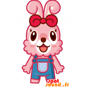 Pink kanin maskot med blå overall - Spotsound maskot kostume