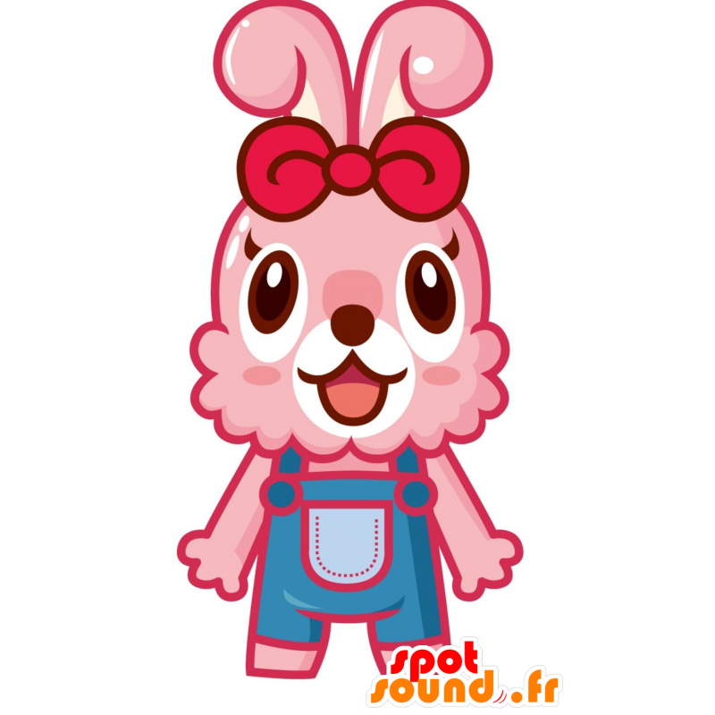 Pink rabbit mascot with blue overalls - MASFR030080 - 2D / 3D mascots