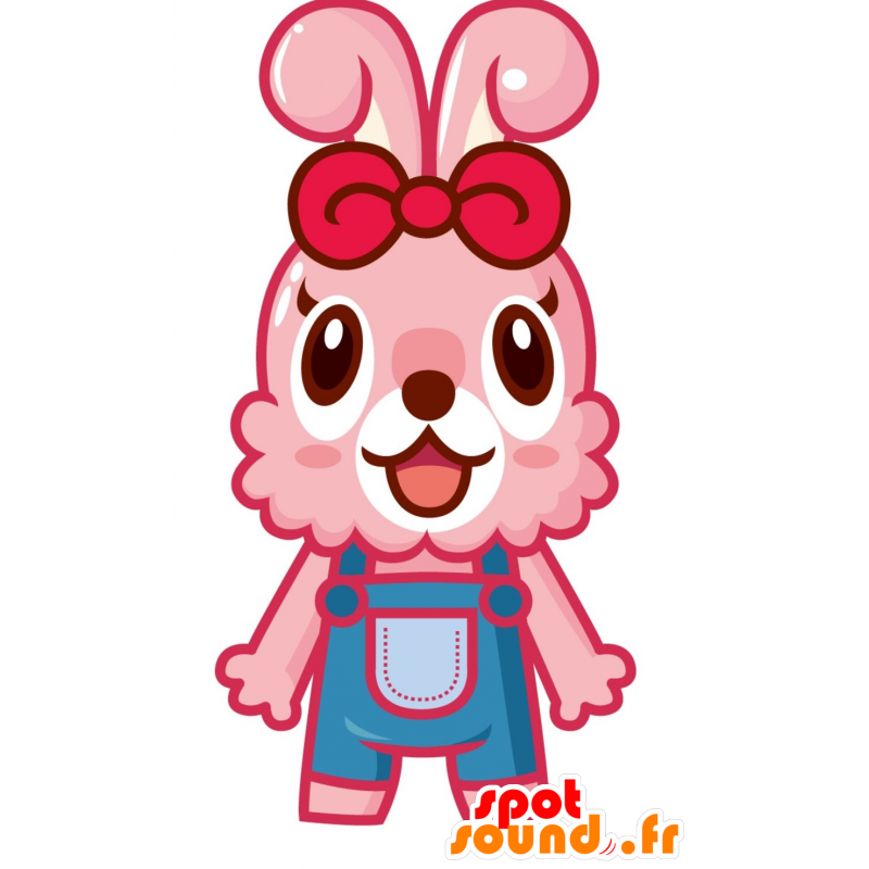 Pink kanin maskot med blå overall - Spotsound maskot kostume