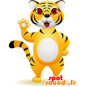 Gelbe Tiger-Maskottchen, schwarz und weiß ehrfürchtig - MASFR030176 - 2D / 3D Maskottchen