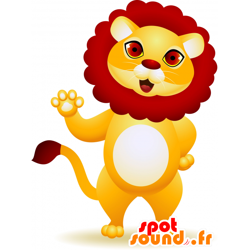 Leone giallo mascotte e rosso, carino e colorato - MASFR030177 - Mascotte 2D / 3D