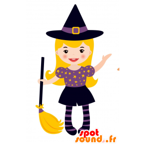 Blond heksemaskot klædt i lilla og sort - Spotsound maskot