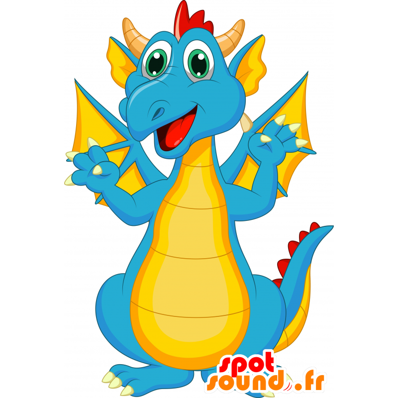 Blaue und gelbe Drachen-Maskottchen, riesige und beeindruckende - MASFR030256 - 2D / 3D Maskottchen