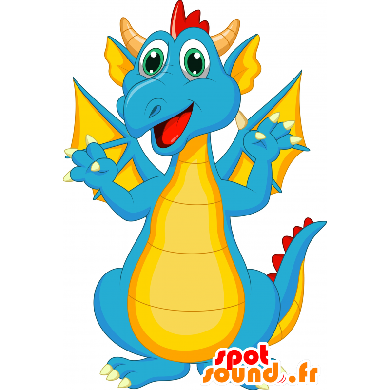Mascotte de dragon bleu et jaune, géant et impressionnant - MASFR030256 - Mascottes 2D/3D