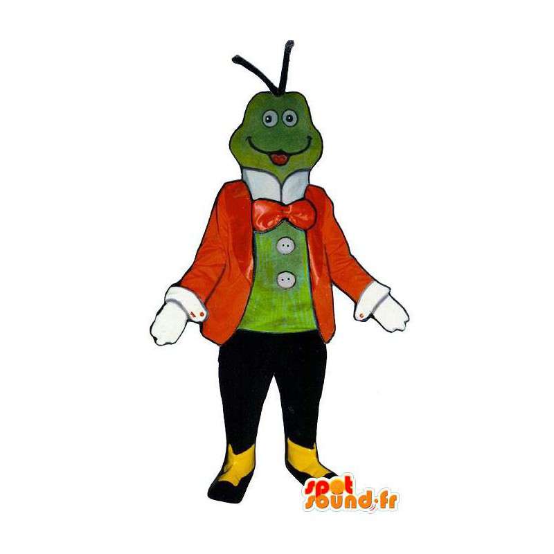 Grøn insektmaskot, cricket, i rødt kostume - Spotsound maskot