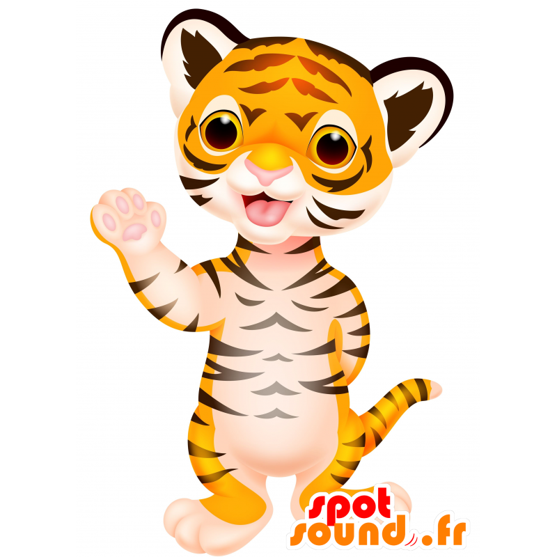 Orange, hvid og sort tigermaskot. Baby tiger - Spotsound maskot