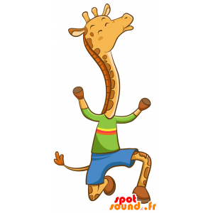 Gul og brun girafmaskot med et farverigt tøj - Spotsound maskot
