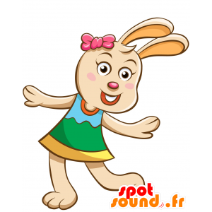 Mascotte de gros lapin rose avec une tenue verte et bleue - MASFR030343 - Mascottes 2D/3D