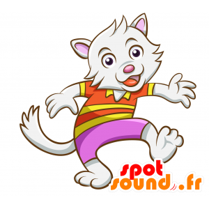 Vit kattmaskot i färgglad outfit - Spotsound maskot