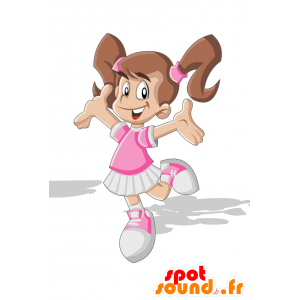 Brun pige maskot klædt i lyserød - Spotsound maskot kostume