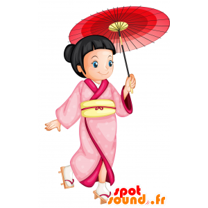 Mascotte de fillette aux cheveux noirs et en robe rose - MASFR030378 - Mascottes 2D/3D