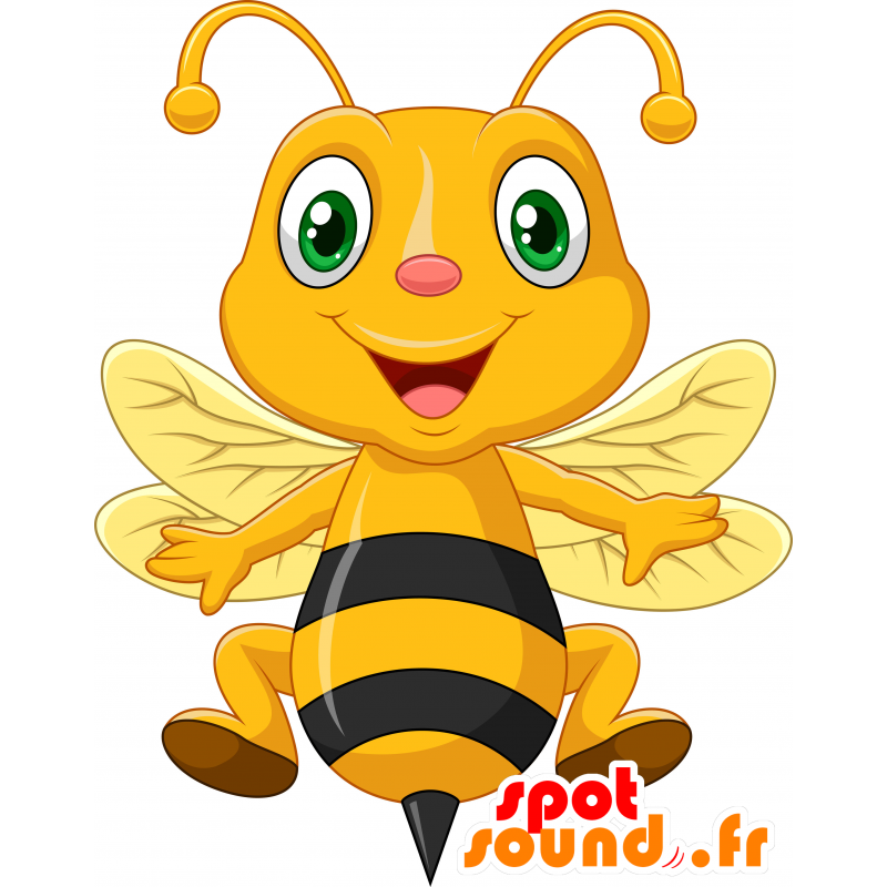 Maskotti keltainen ja musta mehiläinen, erittäin hymyilevä - MASFR030409 - Mascottes 2D/3D