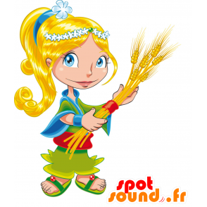 Mascotte de fillette blonde habillée en vert et bleu - MASFR030433 - Mascottes 2D/3D