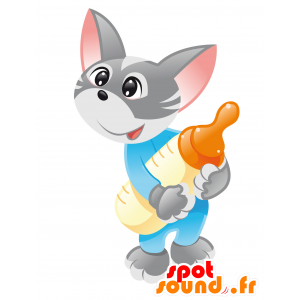 Mascotte de chat gris et blanc, très mignon - MASFR030441 - Mascottes 2D/3D