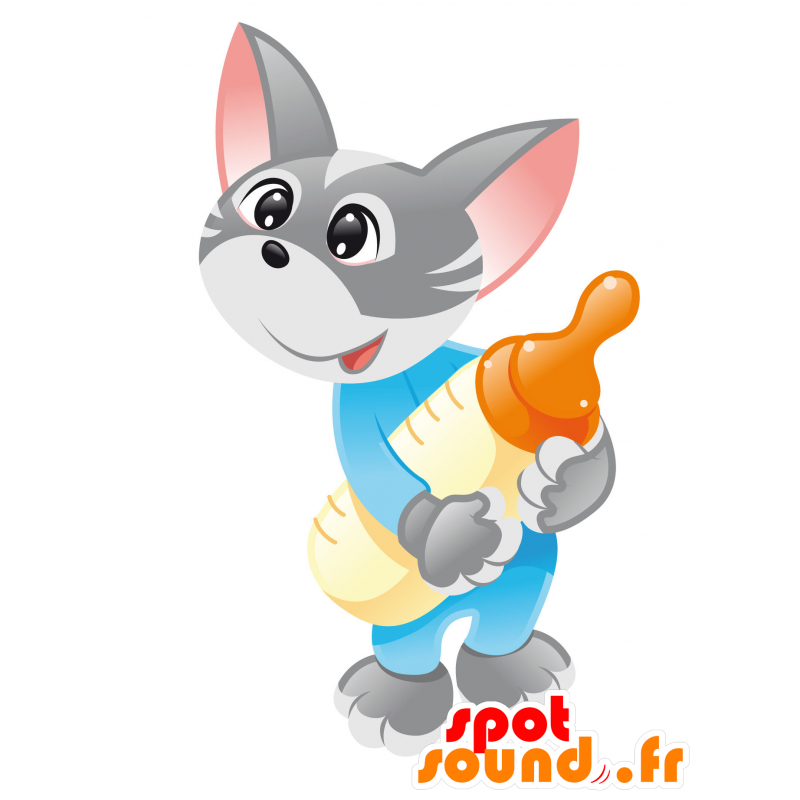 Mascota del gato gris y blanco, muy lindo - MASFR030441 - Mascotte 2D / 3D