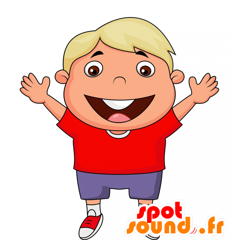 Maskot blond dreng, klædt i rød og lilla - Spotsound maskot