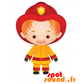 Brandmand maskot i rød og gul uniform - Spotsound maskot kostume