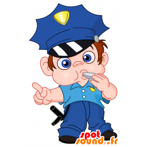 Politibetjent maskot i blå uniform. Konstabel maskot -