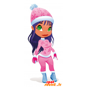 Donna in attrezzatura di inverno mascotte, rosa - MASFR030501 - Mascotte 2D / 3D
