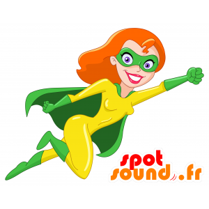 Superheltkvindemaskot i grøn og gul tøj - Spotsound maskot