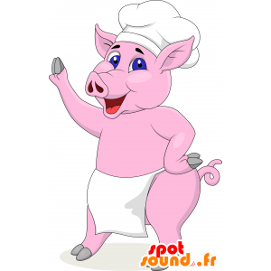 Mascot porco cor de rosa com o chapéu eo avental de um cozinheiro chefe - MASFR030556 - 2D / 3D mascotes
