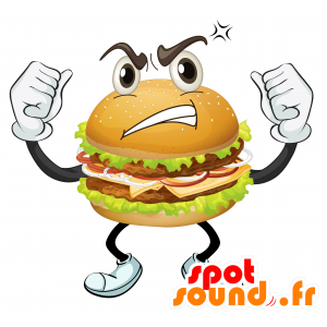 Hamburger mascotte di guardare feroce, divertente e gigante - MASFR030585 - Mascotte 2D / 3D