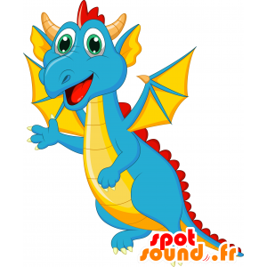 Mascotte de dragon bleu, rouge et jaune, avec des ailes - MASFR030633 - Mascottes 2D/3D