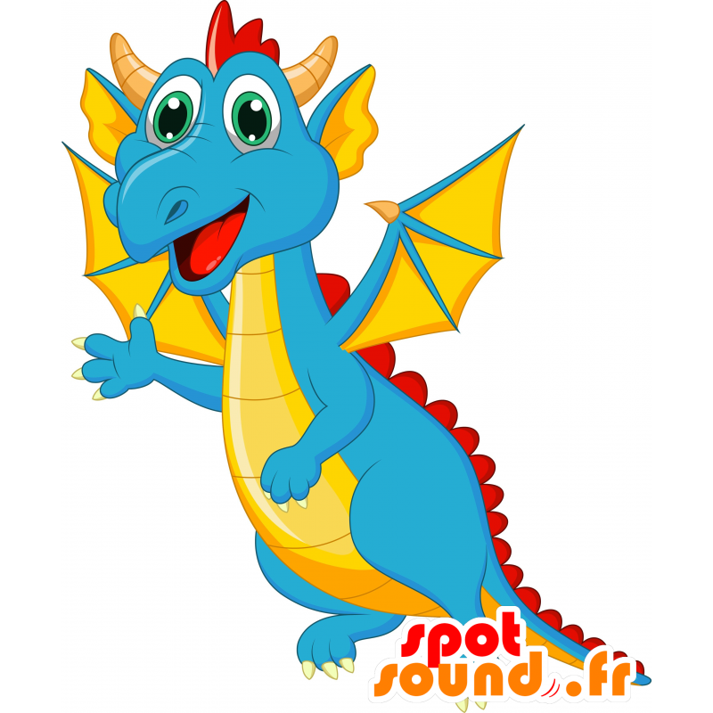 Blue dragon mascot, red and yellow, with wings - MASFR030633 - 2D / 3D mascots