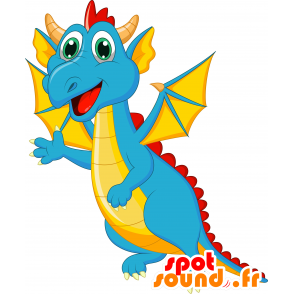 Mascot blå drage, rødt og gult, med vinger - MASFR030633 - 2D / 3D Mascots