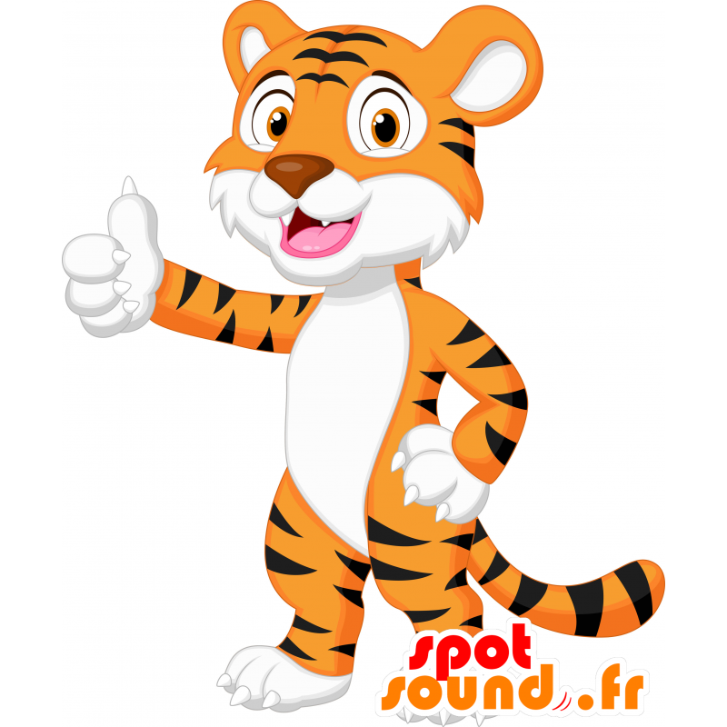 Maskot vit, orange och svart tiger, söt och färgglad -