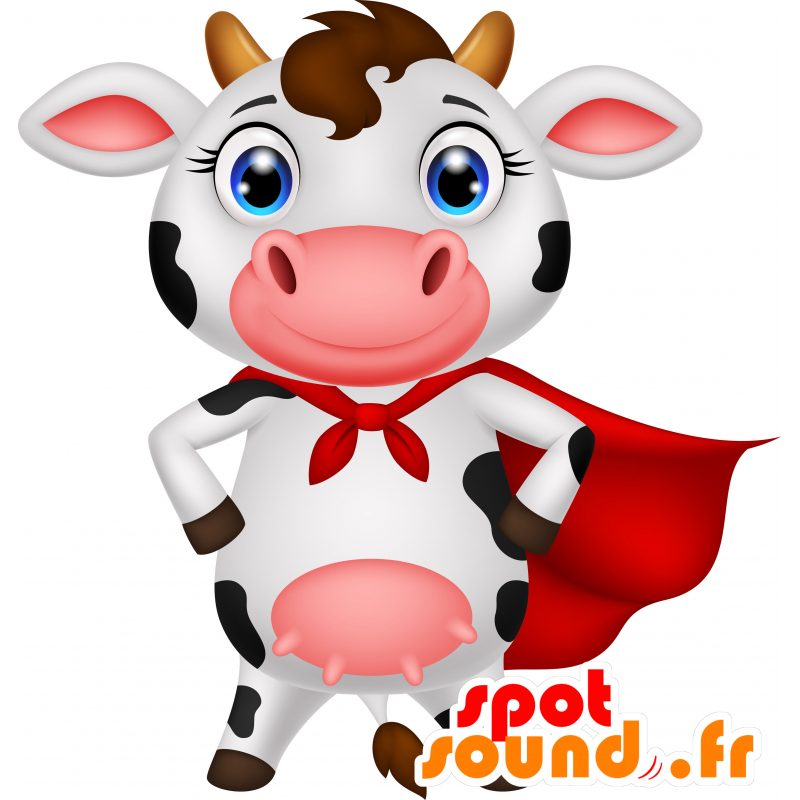 Mucca mascotte in bianco e nero con un mantello rosso - MASFR030675 - Mascotte 2D / 3D