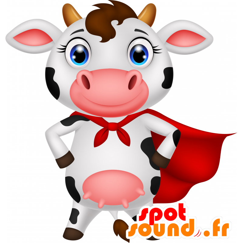 μαύρο και άσπρο αγελάδα μασκότ με κόκκινη κάπα - MASFR030675 - 2D / 3D Μασκότ