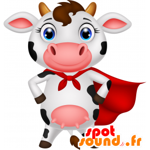 Zwart-witte koe mascotte met een rode cape - MASFR030675 - 2D / 3D Mascottes